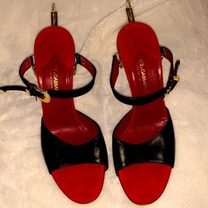 Dolce & Gabbana Black and Gold Rhinestone Spur Heel w/ Red Suede Insole Size 7